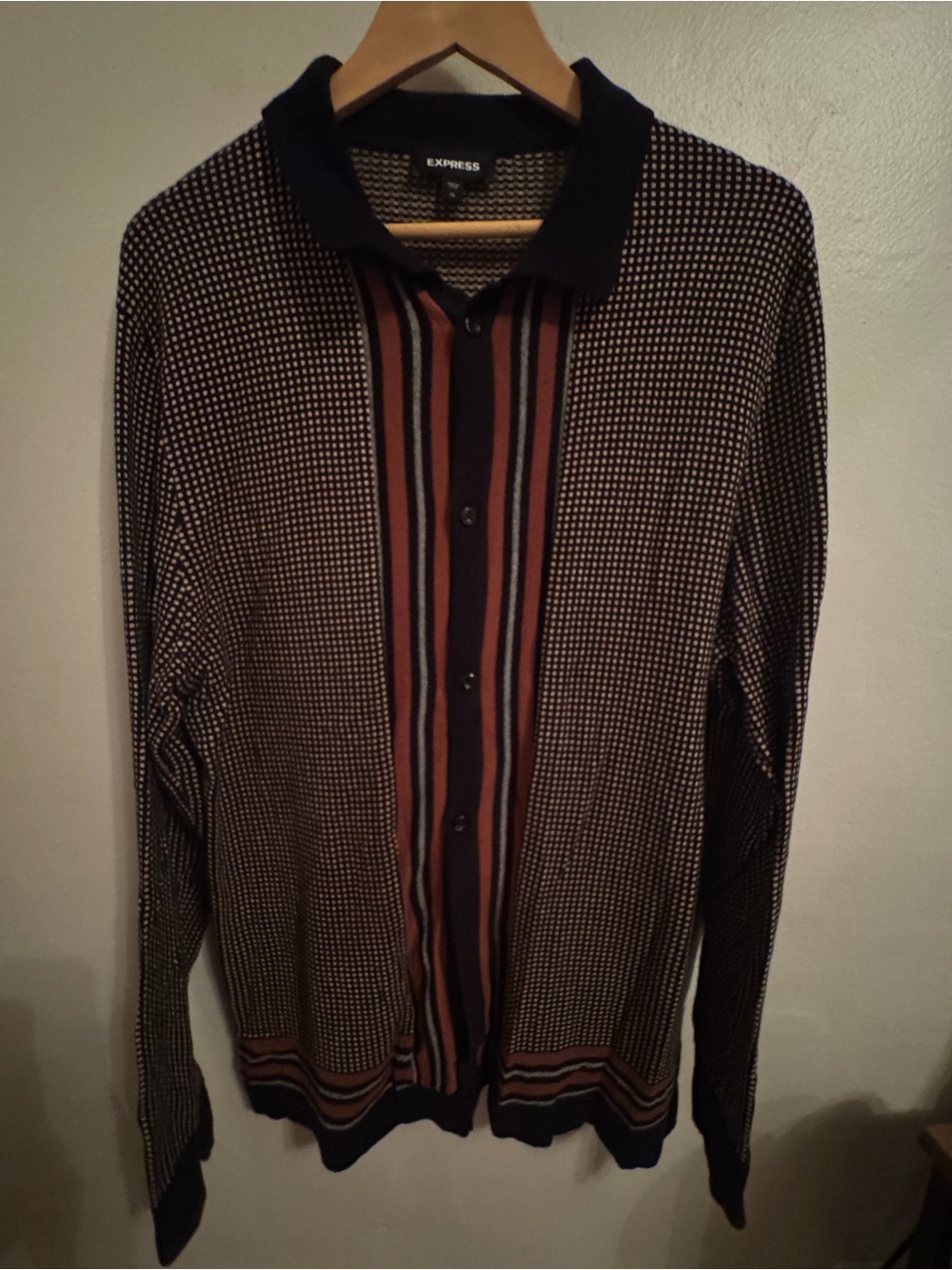 Express Men’s XL Retro 70s Striped Knit Sweater Polo Button Cardigan 100% Cotton